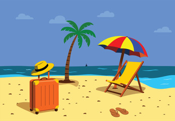 Serene beach scene with tropical elements and ocean waves
