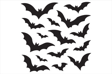 Naklejka premium Halloween bats silhouettes set. Isolated vector winged vampire animal black shapes on white background. Creepy and spooky fauna creatures group, monochrome icons, simple signs or pictograms