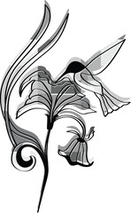 Stylized Vector bird, Hummingbird on Flower in Black and White Line Art
