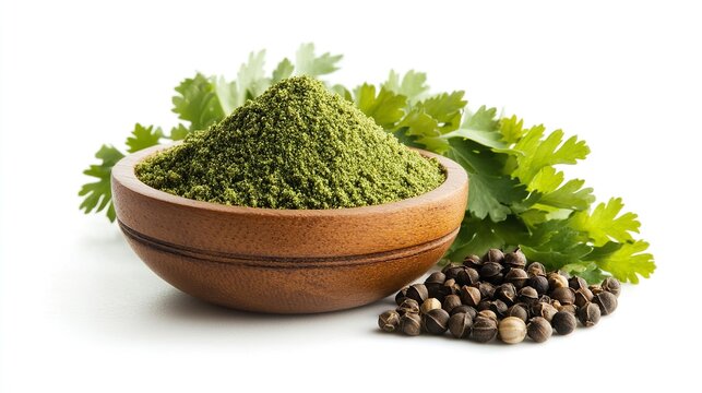 Ground coriander powder and seeds A wooden bowl of ground coriander sits beside whole coriander seeds and green leaves on a white surface,  png