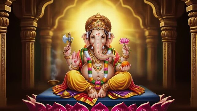 Divine Ganesha blesses devotees with auspicious symbols in a sacred, golden temple setting radiating spiritual energy and cultural richness.