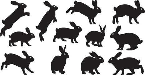 Collection of black rabbit silhouettes in various poses, rabbit, bunny, hare, silhouette, animal, wildlife, jumping, running, sitting, standing, leaping, hopping, domestic animal, pet, mammal, cute, f