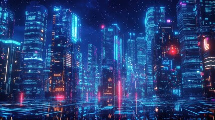 Naklejka premium Floating futuristic city built from circuit boards, neon-lit skyscrapers, concept of digital metropolis, night view.