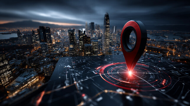 Searching location on map and pin above blue tone city scape and network connection, internet of things, satellite navigation system concept