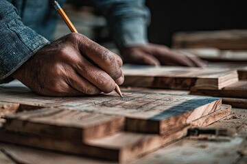 Close-up of a carpenter marking wood