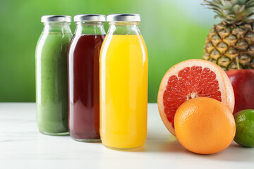 Tasty juices in glass bottles and fresh fruits on white marble table against blurred green background, closeup