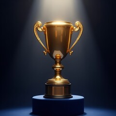Golden trophy displayed on a velvet podium under dramatic spotlight, symbolizing achievement and excellence.
