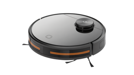 Modern robotic vacuum cleaner on black background, stylish design for home cleaning