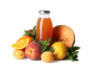Tasty juice in glass bottle, fruits and mint isolated on white