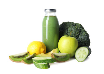 Tasty juice in glass bottle and ingredients isolated on white