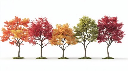 Naklejka premium Six Japanese maple trees of different colors, in various shapes and sizes, isolated on a white background. png