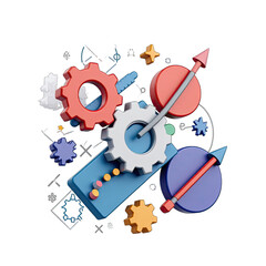 Colorful geometric shapes and gears arranged in a complex composition.