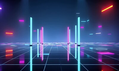 
A dark background with neon grid lines and floating geometric shapes. The design is simple yet futuristic, perfect for a gaming or music video backdrop. - Powered by Adobe