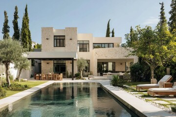 Experience a sunny, contemporary villa featuring a sparkling pool and an inviting outdoor dining area, all nestled amidst lush greenery in a peaceful midday setting