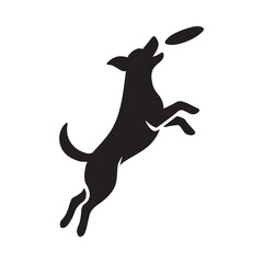 Black silhouette of a dog leaping to catch a flying disc