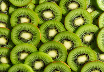 The kiwi fruit slices are stacked and fill the entire frame. Suitable for a food or fruit background. Vibrant color. 