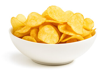 Crispy golden potato chips piled in a bowl on a clean white surface ideal for snacking