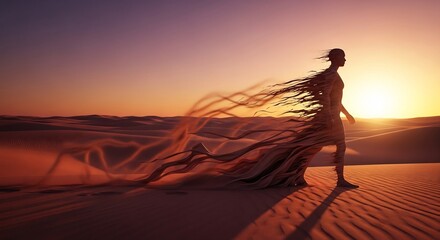Surreal desert dreamscape with a woman emerging from sand. Ideal for themes of transformation, resilience, inner strength, and artistic expression. Perfect for wellness concepts.