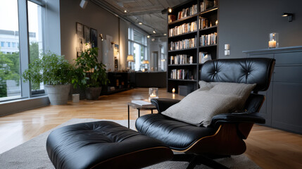 A sophisticated leather chair paired with a plush ottoman encapsulates a cozy reading corner illuminated by natural light, inviting relaxation and literary exploration.