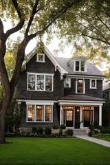 Charming two-story house with dark wood siding surrounded by lush greenery in a serene neighborhood during the golden hour