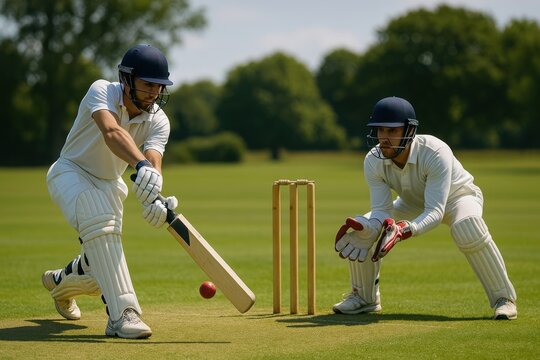 Cricket players in action field. - Powered by Adobe