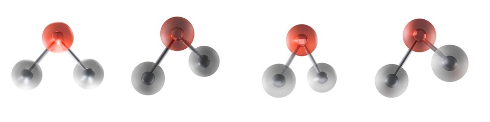 Water molecule structure with hydrogen and oxygen atoms, chemistry visualization of molecular vibration and atomic bonds, 3D render illustration