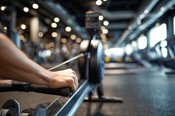 Close-up of a person's hand working out on a rowing machine in a gym