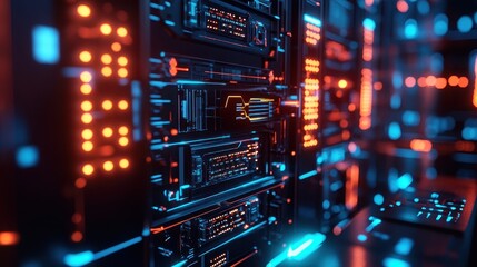 Obraz premium Futuristic blockchain server glowing with quantum light in dark data center, intricate cables, cyberpunk tone, ultra sharp focus .