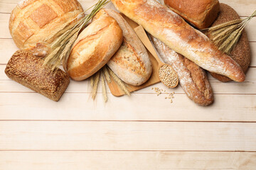 Different types of bread, grains and wheat spikes on wooden table, flat lay. Space for text
