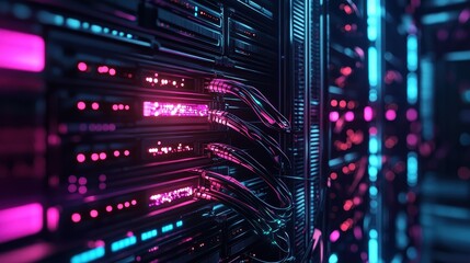 Naklejka premium Futuristic blockchain server glowing with quantum light in dark data center, intricate cables, cyberpunk tone, ultra sharp focus .