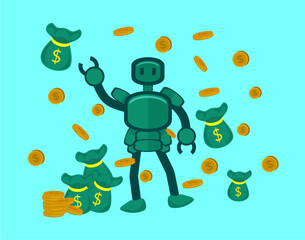 Robot with gold coin pieces, robots with gold coins and golden bags. Passive income. Fun workers. Flat vector illustration