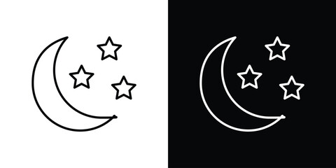 Crescent Moon and Stars Icon, Isolated on White and Black Background