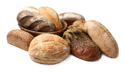 Obraz premium Different types of bread and wheat spikes isolated on white