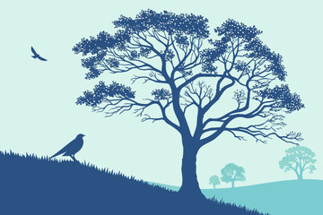 Lone Bird on a Hill: A Serene Nature Vector Illustration