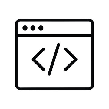 Coding Line Icon. Web Development Symbol with Brackets in Browser Window. Outline Programming and Software Vector for UI.