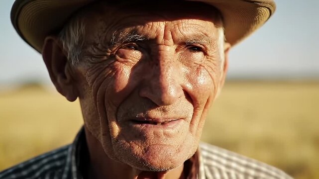 Close up portrait of an elderly man with a weathered face and kind eyes wearing a hat
