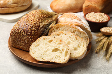Different types of bread, grains and wheat spikes on grey table, closeup
