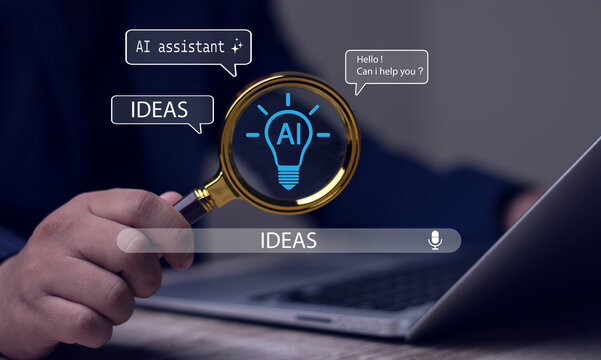 AI assistant concept for creative problem-solving and generating new ideas. A magnifying glass with an AI light bulb symbolizes innovation and technology as a tool for brainstorming.