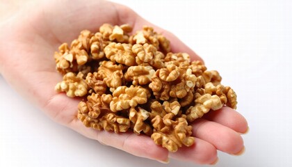 hand holding a handful of walnuts isolated white background