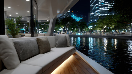 Fototapeta premium A chic and cozy interior space overlooks a serene water view, where comfort meets luxury in a vibrant city setting, creating an inviting atmosphere for relaxation.