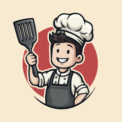Cute Cartoon Chef Boy Smiling Holding Spatula