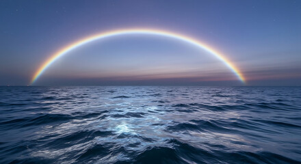 Vibrant Rainbow Arches Over a Calm Dark Blue Ocean at Twilight.