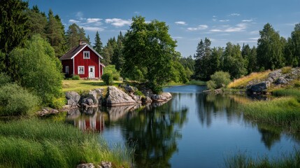 Obraz premium Charming red house by tranquil lake with lush green surroundings and blue sky