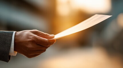 A hand holding a sheet of paper against a blurred background, illuminated by warm, golden light, suggesting a moment of contemplation or communication.