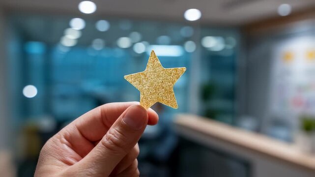 Hand grasping a golden star symbolizes top quality and outstanding performance, set against a softly blurred office background, reflecting achievement and success in the business world