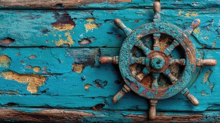 Nautical Wheel on Weathered Blue Wood Texture