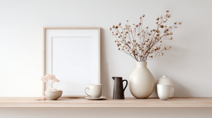 Serene Minimalist Art Print Decorates Modern White Wall with Dried Flowers and Coffee Cups