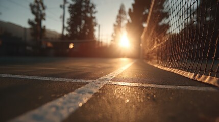 A serene sunset view over a tennis court, with a focus on the net and court lines, creating a peaceful atmosphere.