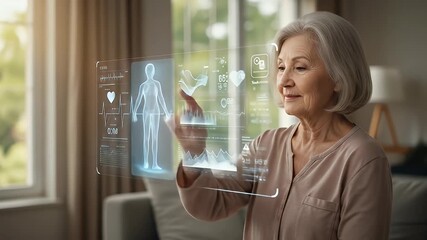 Mature woman interacts with translucent medical data interface at home, smiling gently - Powered by Adobe