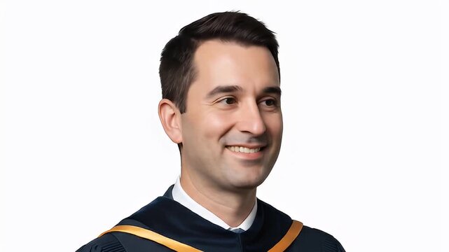 Man in graduation gown poses on white background, smiling directly at the viewer